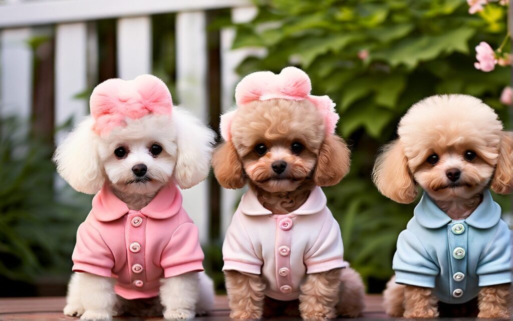 3 teacup dogs are wearing dog costumes