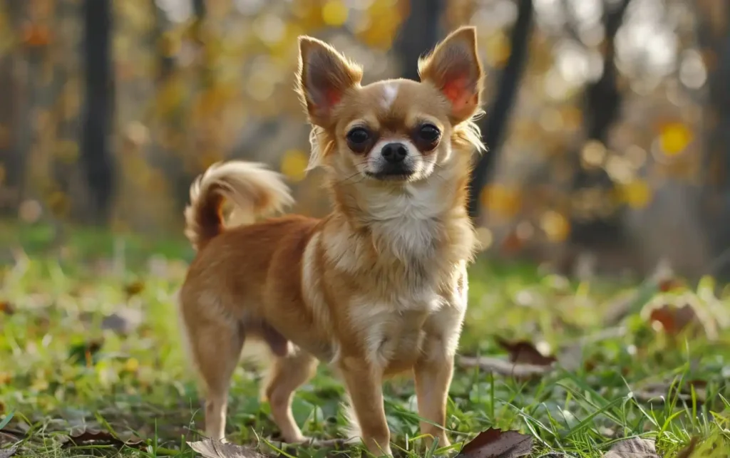 A chihuahua dog is standing on the grass and looking straight at the camera