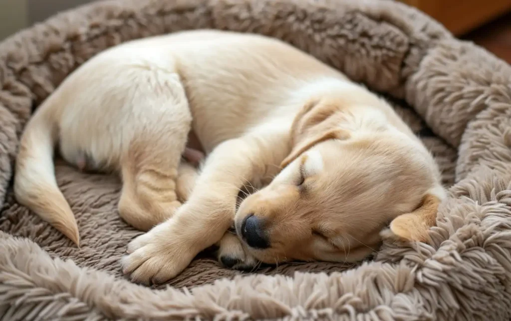 A cute puppy sleeping soundly on a soft, plush sofa bed