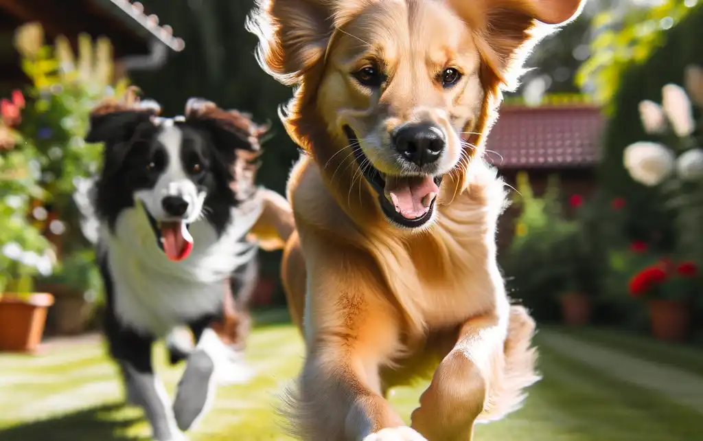 A dog is comfortably playing with another dog in the backyard