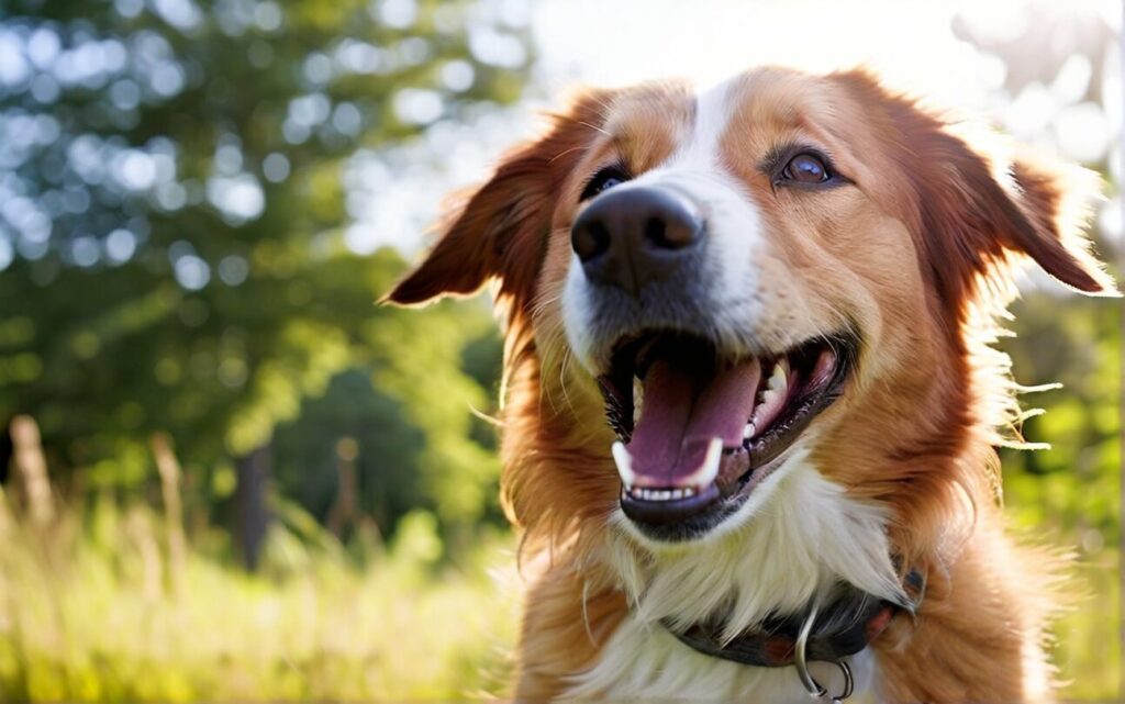 A dog is smiling with bright white teeth