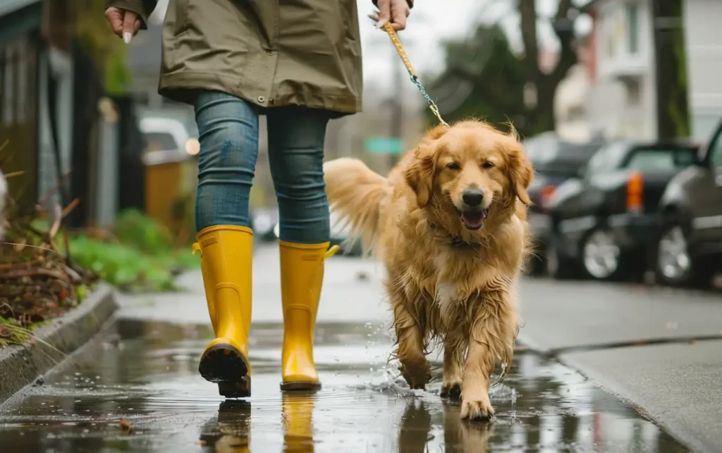 A dog walker sporting a raincoat and bright yellow boots walks confidently alongside their furry companion on a wet sidewalk