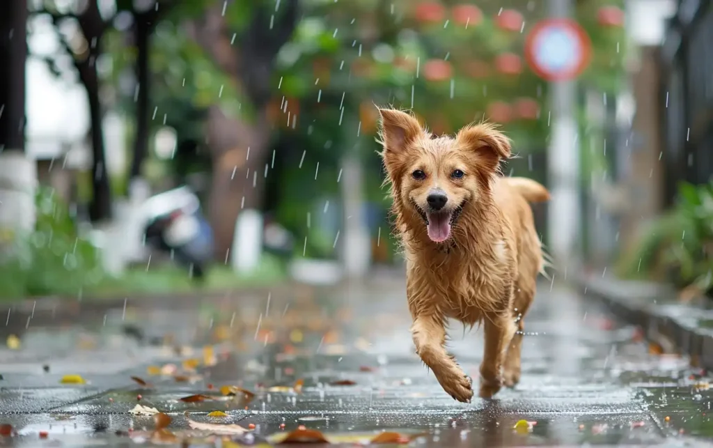 A joyful dog with a wagging tail trots confidently on a paved sidewalk