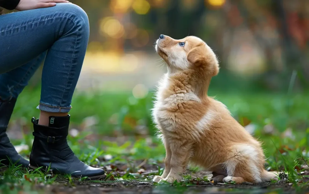 A puppy is listening attentively to its owner and learning new skills