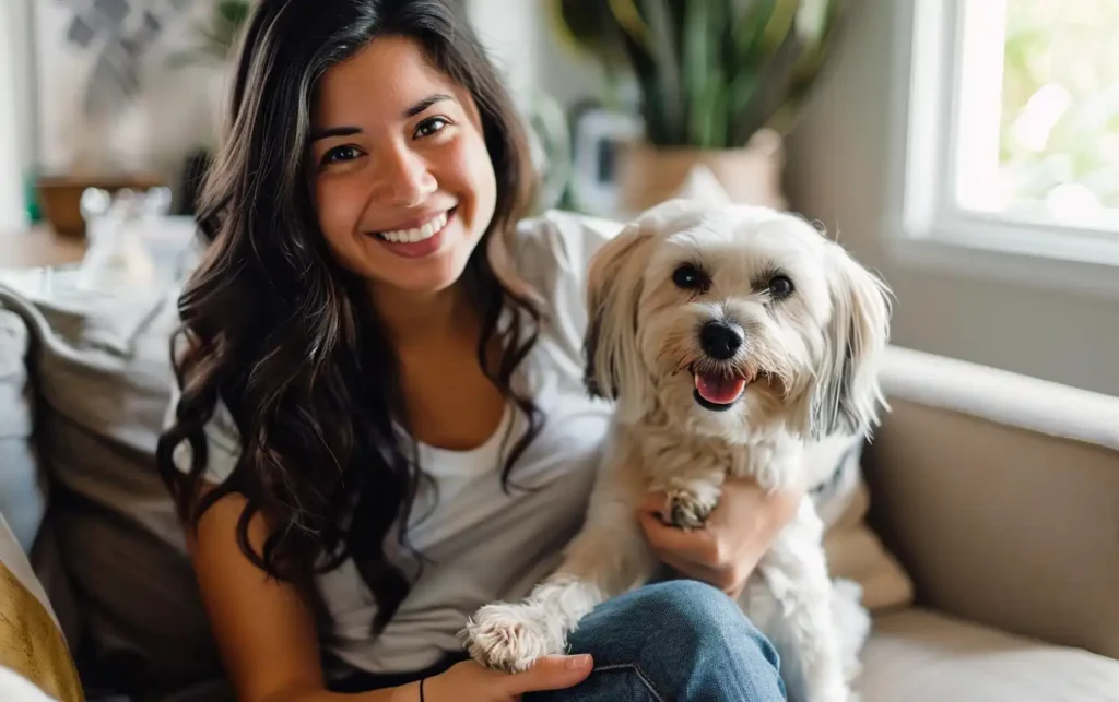 A woman and her dog are sitting on a couch