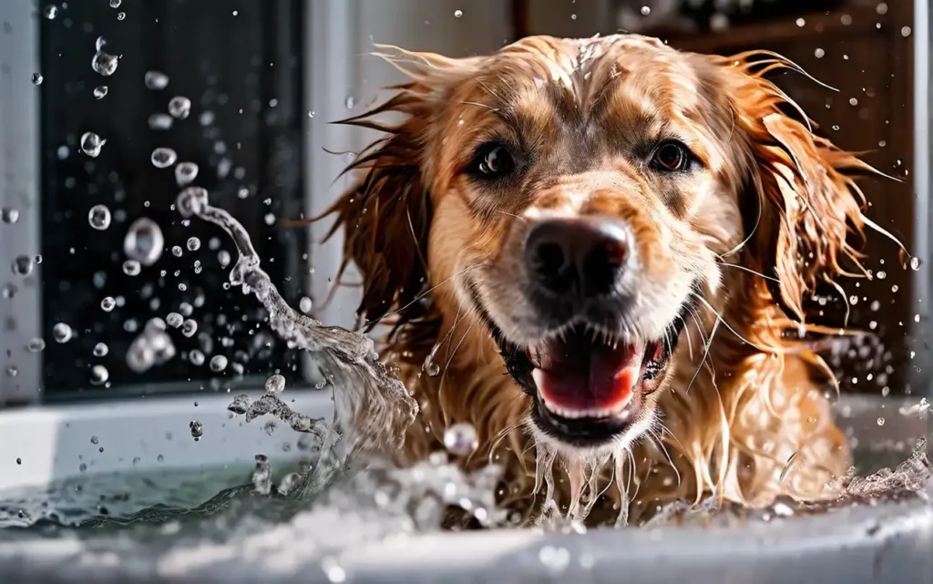 The dog is playing with water in the bathtub