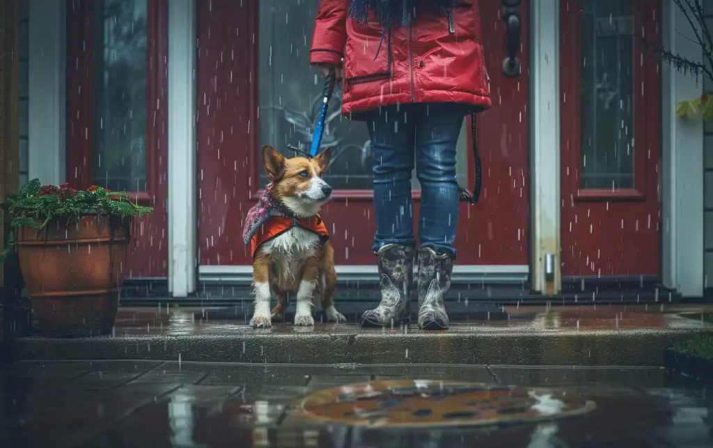 The owner and dog are standing in front of the house preparing to go out when it is raining