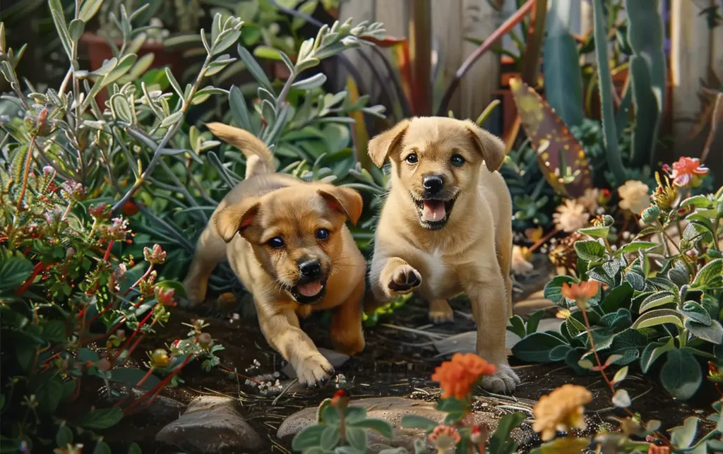 Two adorable puppies are playing tag with each other in the backyard