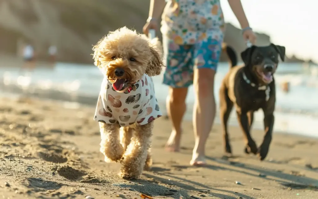 Two dogs run along the shoreline with their owner