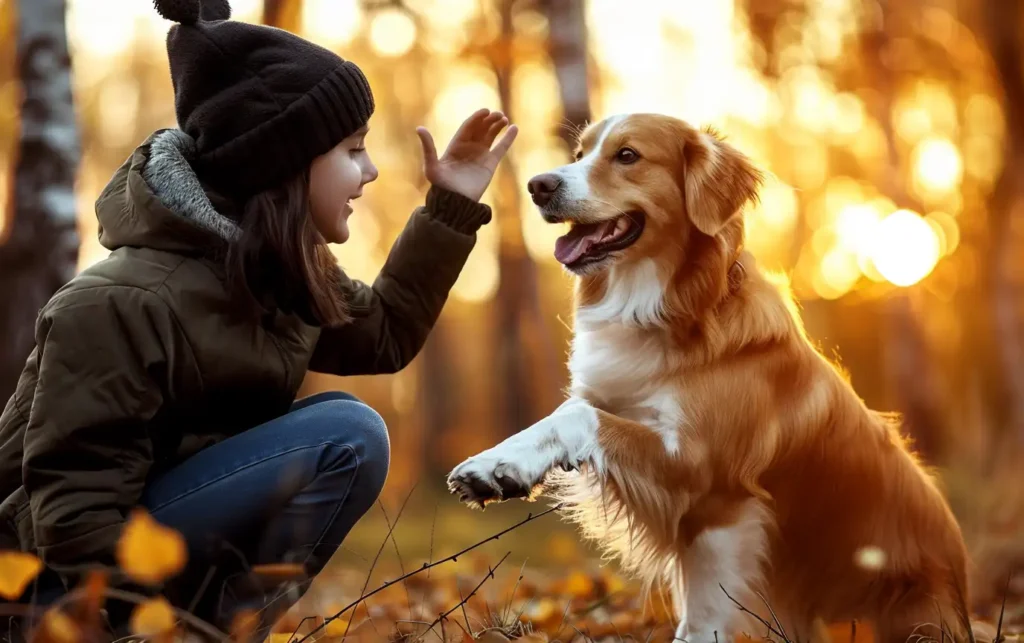 a dog are playing with the owner in the forest