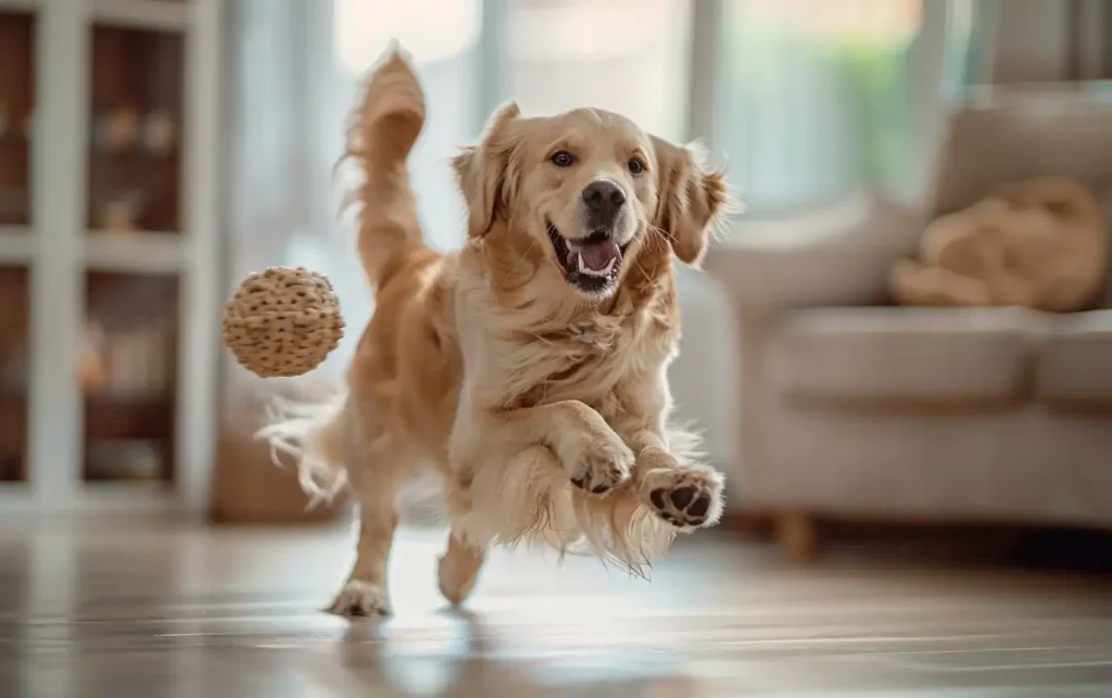 a dog joyfully retrieving a soft toy during a game of fetch indoors