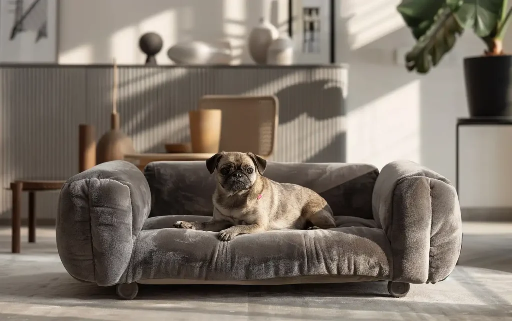 a dog on a plush dog sofa in the house