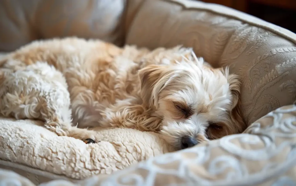 a dog sleeping comfortably on a sofa bed