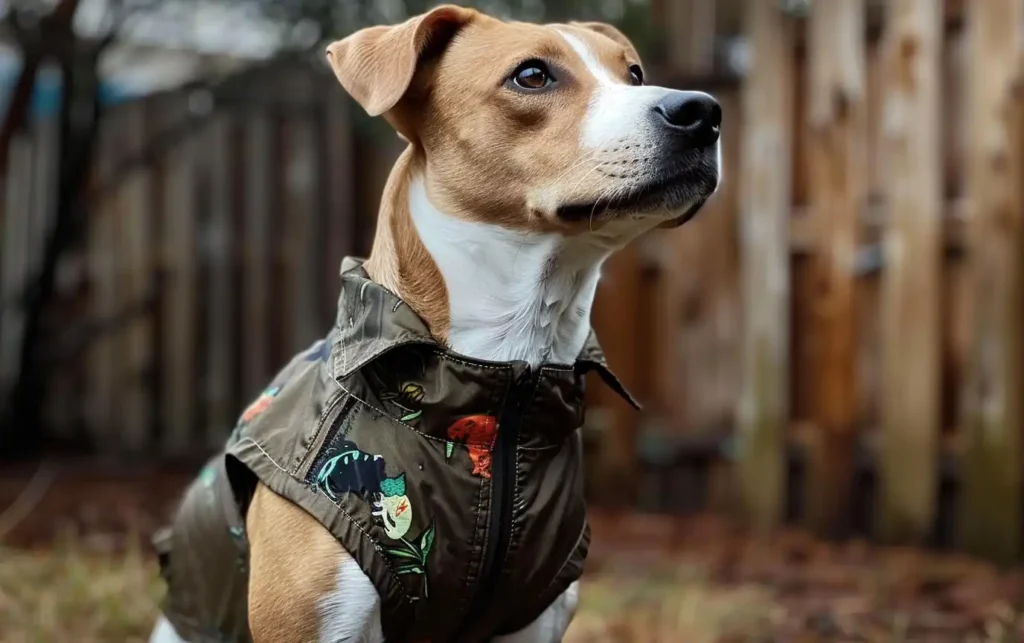 a dog wearing a dog shirt and looking at the sky