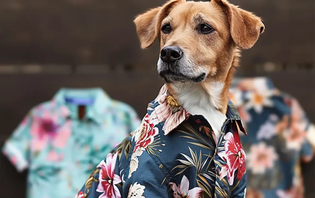 a dog wearing a dog shirt, looks comfortable and cook