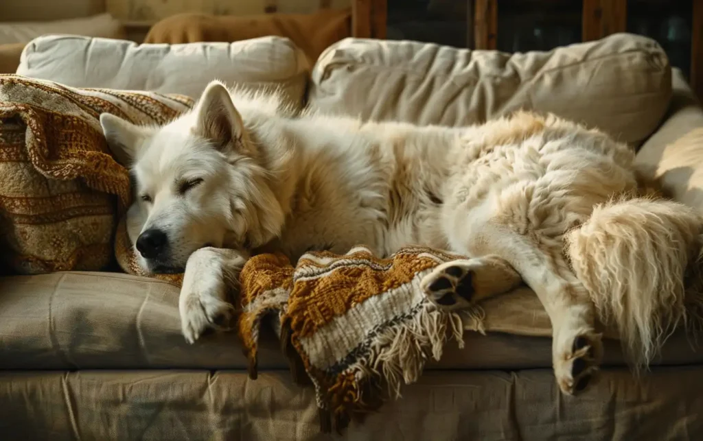 a large dog relaxing on a sofa bed