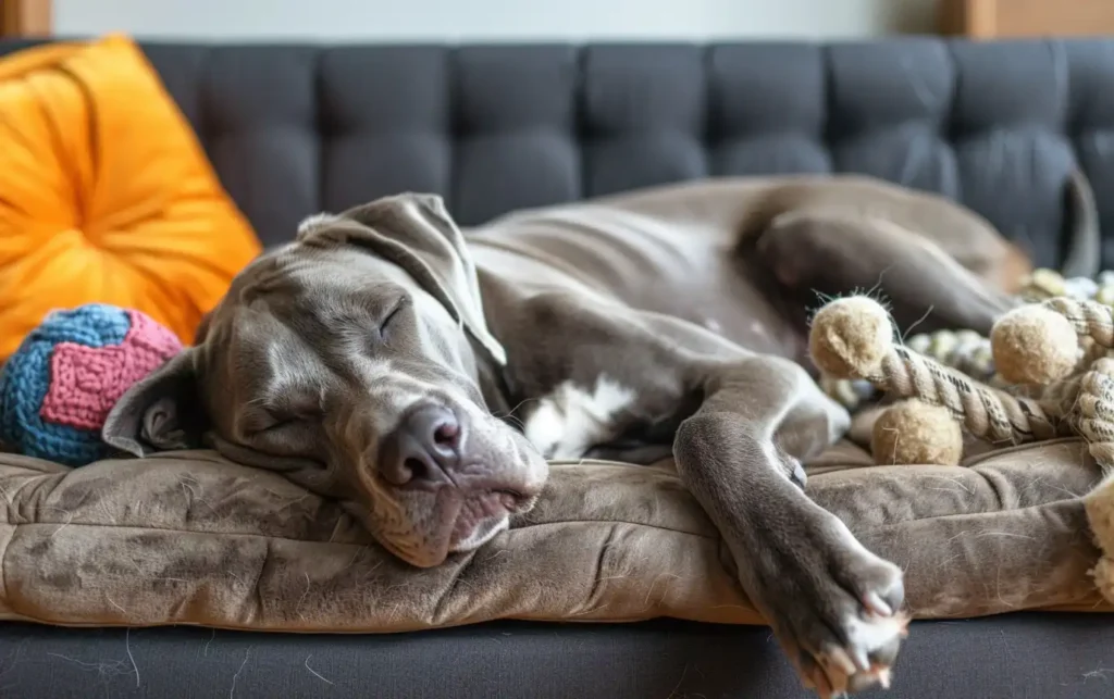 a large dog sleeping soundly on a plush sofa bed, surrounded by toys