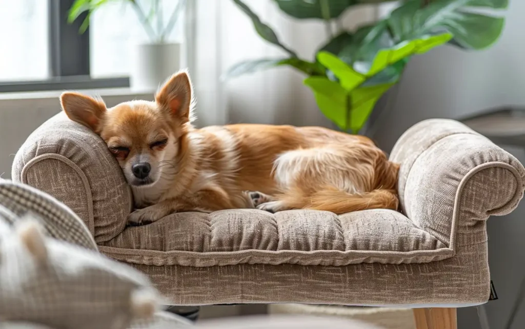 a small dog relaxing on a mini sofa dog bed