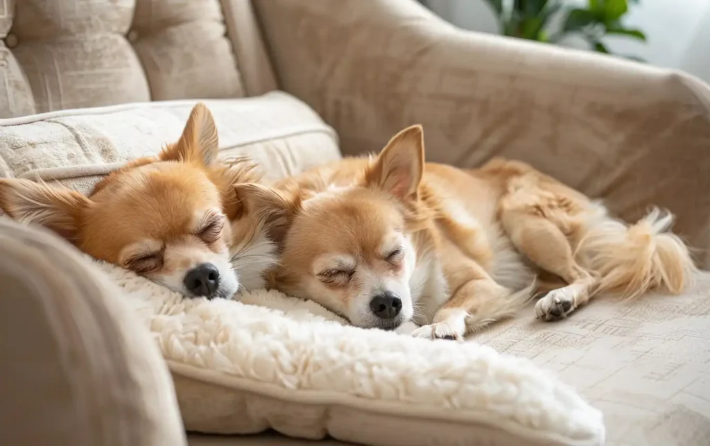 a small dog sleeping soundly on a plush sofa bed