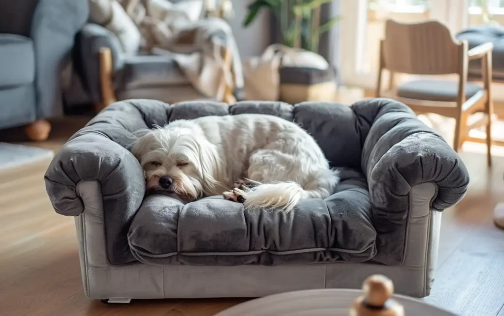 a small, white dog curled up and sleeping soundly on a plush, gray dog bed sofa