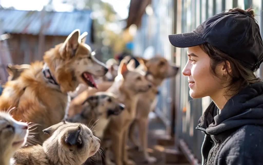 a volunteer at an animal shelter interacting with various animals