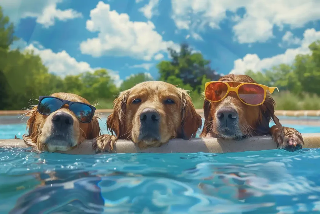 3 dogs in the swimming pool