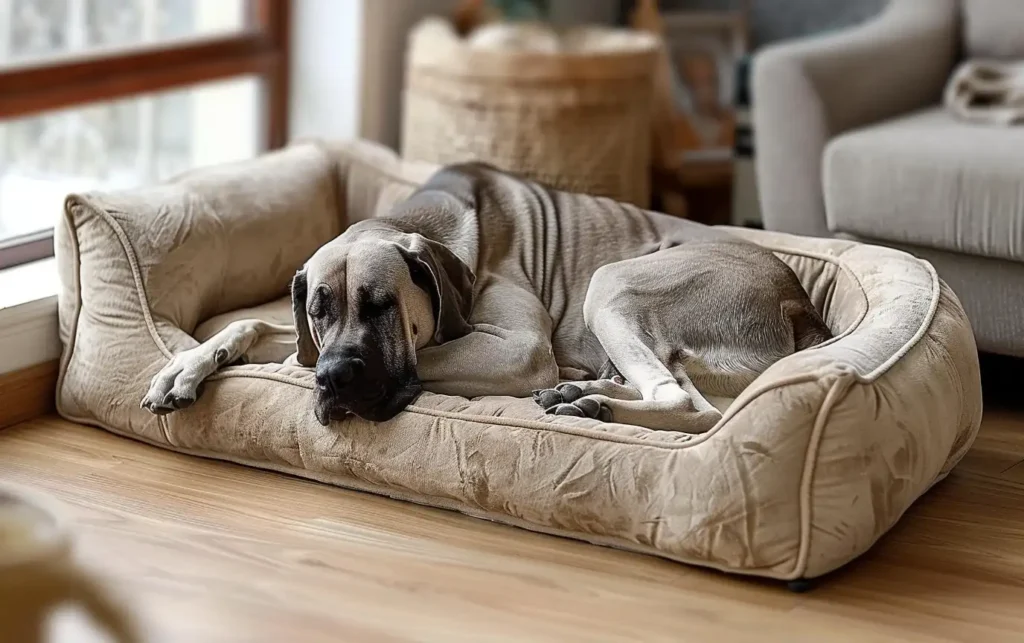 large dog relaxing on a sofa bed