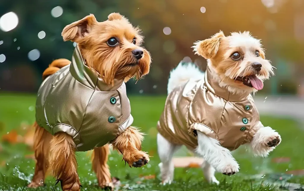 two small dogs, side-by-side, enjoying a walk in the rain